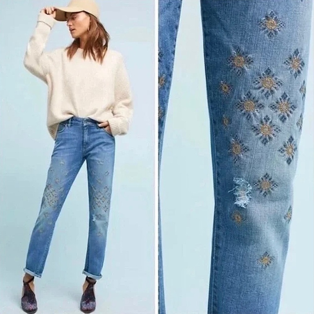 Anthropologie Pilcro and the Letterpress Embroidered Boyfriend Jeans 24 Petite